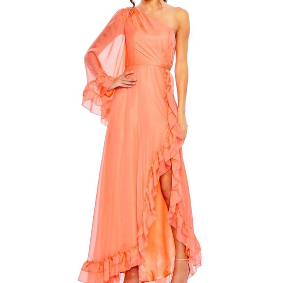 NEW MAC DUGGAL‎ One Sleeve Ruffled Hem Gown Light Coral 55924 Size 2 - Picture 1 of 7
